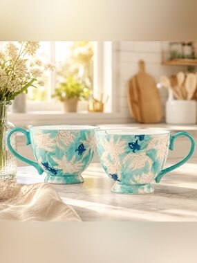 2 NEW Hand Painted Floral Ceramic Mugs in Vibrant Teal & Soft White